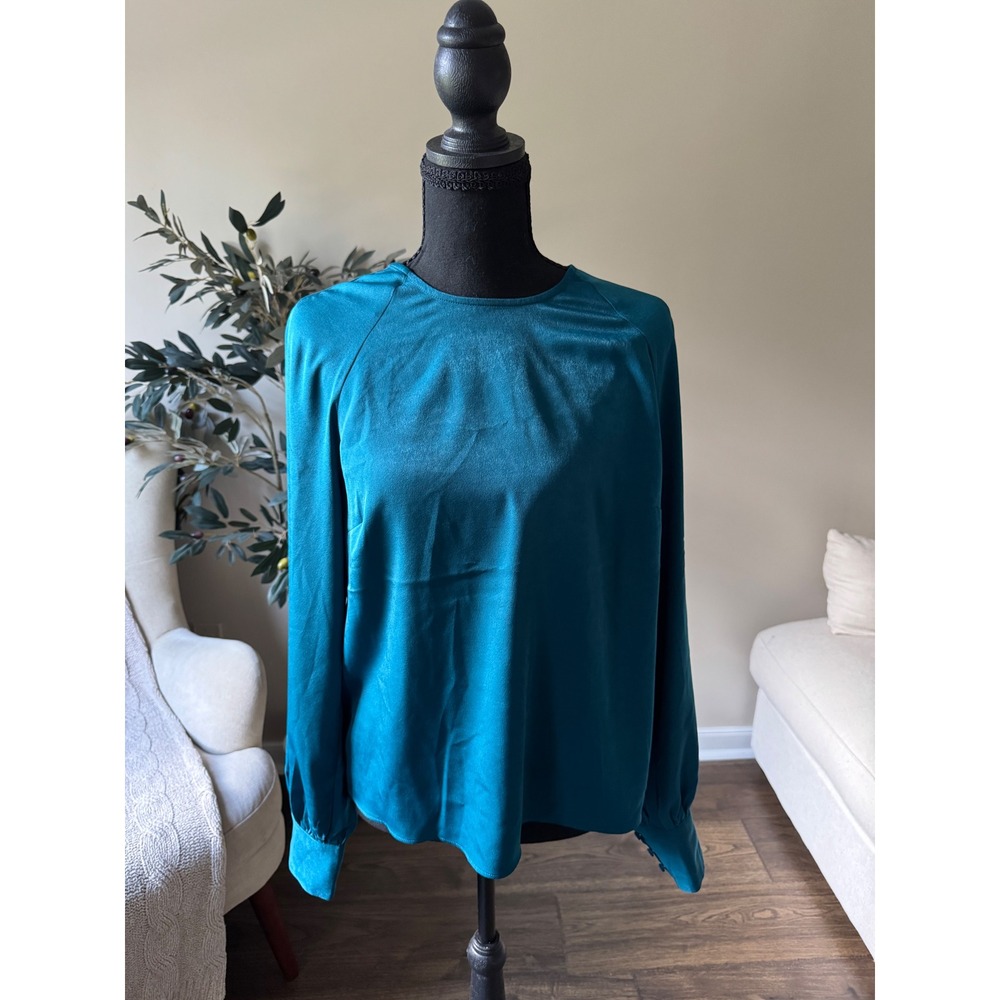 Express Teal Blue Satin Long Sleeve Blouse Crew Neck Keyhole Back NWT Small